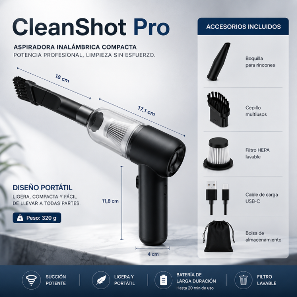 CleanShot Pro - Aspira sin enchufe en menos de 5 minutos el rincón más difícil