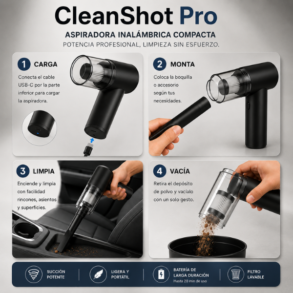 CleanShot Pro - Aspira sin enchufe en menos de 5 minutos el rincón más difícil